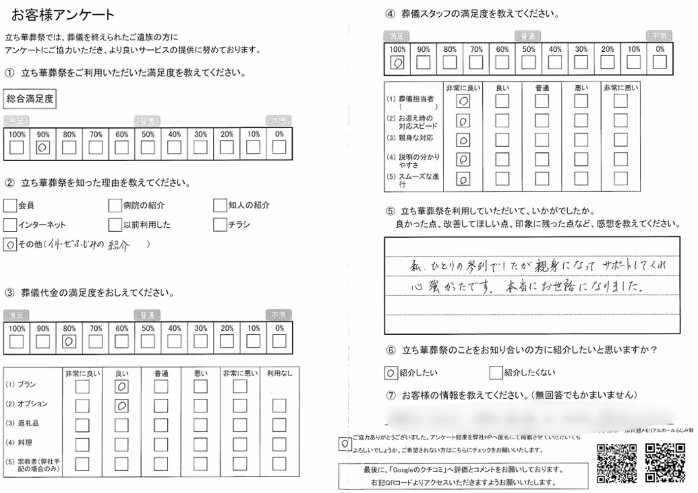 川越市の立ち華葬祭のお客様アンケート